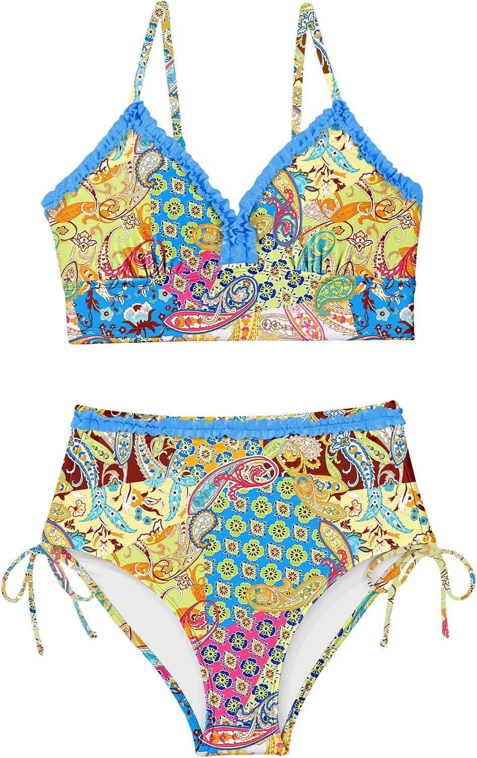 Detalle de Herseas Women's Splice Ruffle Trim Bikini Sets: Tie-Side, High-Waisted Bathing Suit