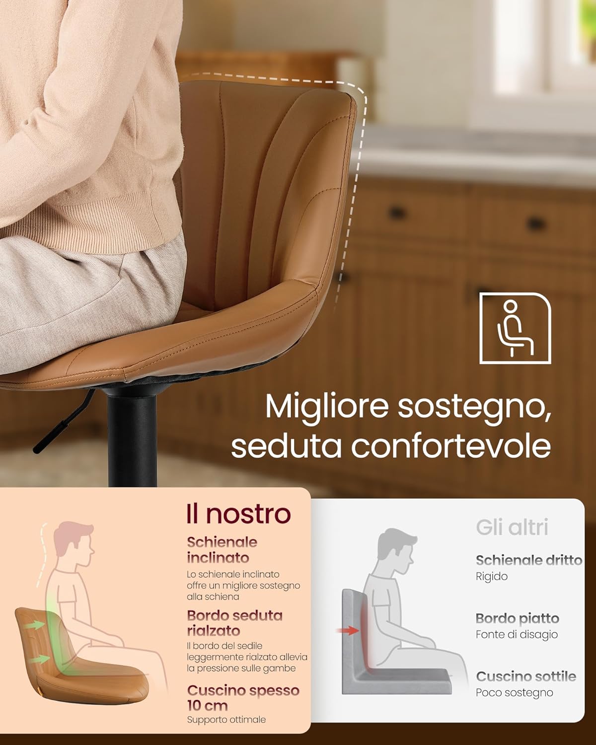 Thumbnail 3 de VASAGLE set di 2 sgabelli da bar con schienale, regolabili in altezza e girevoli 360° LJB181KN01 marrone caramello