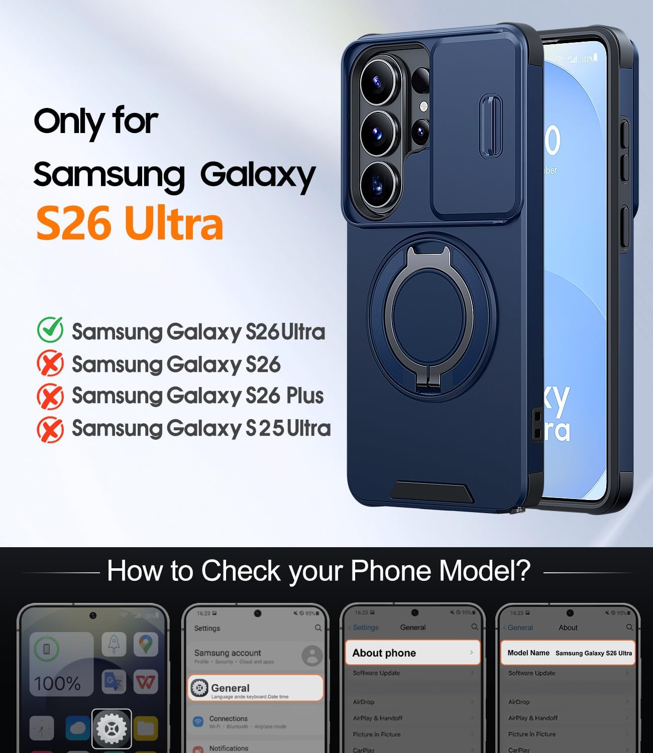 Detalle de AOUIA Samsung S26 Ultra Case with Sliding Camera Cover & 2 Pack Screen Protectors – Blue