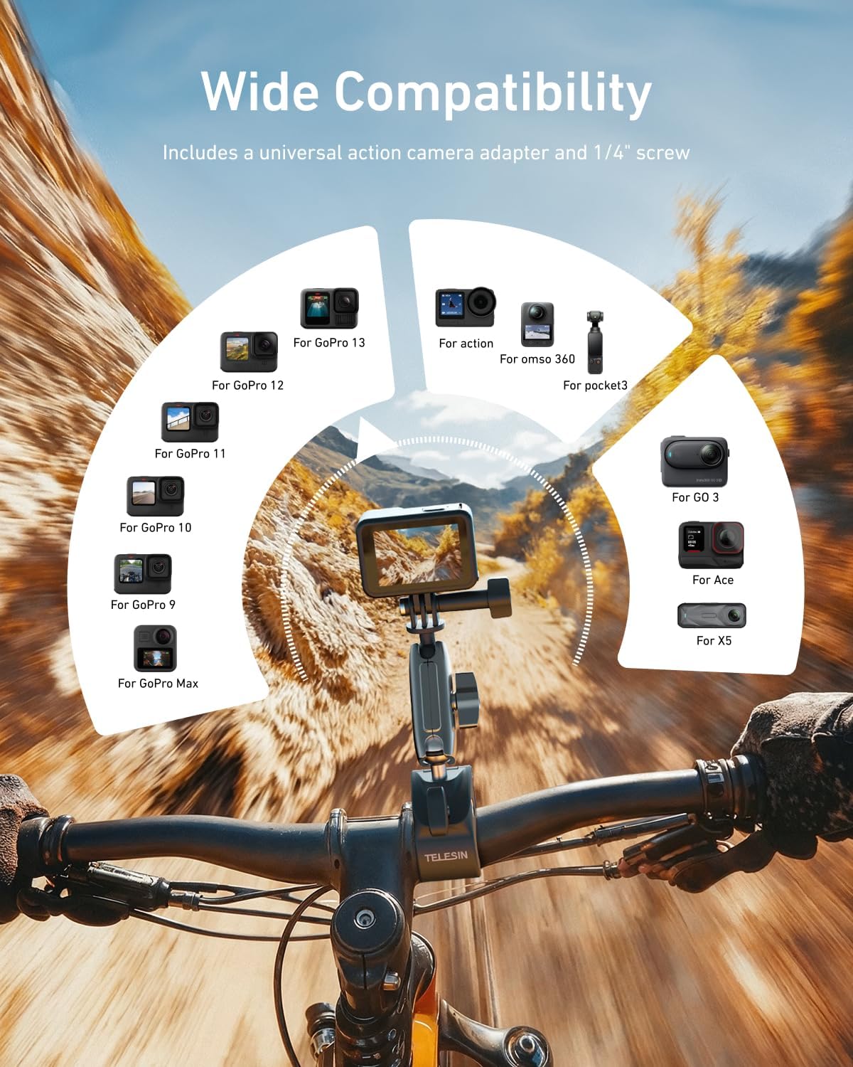 Thumbnail 3 de TELESIN Bike Handlebar Clamp Mount for Action Cameras — 360° Rotatable, Aluminum Alloy