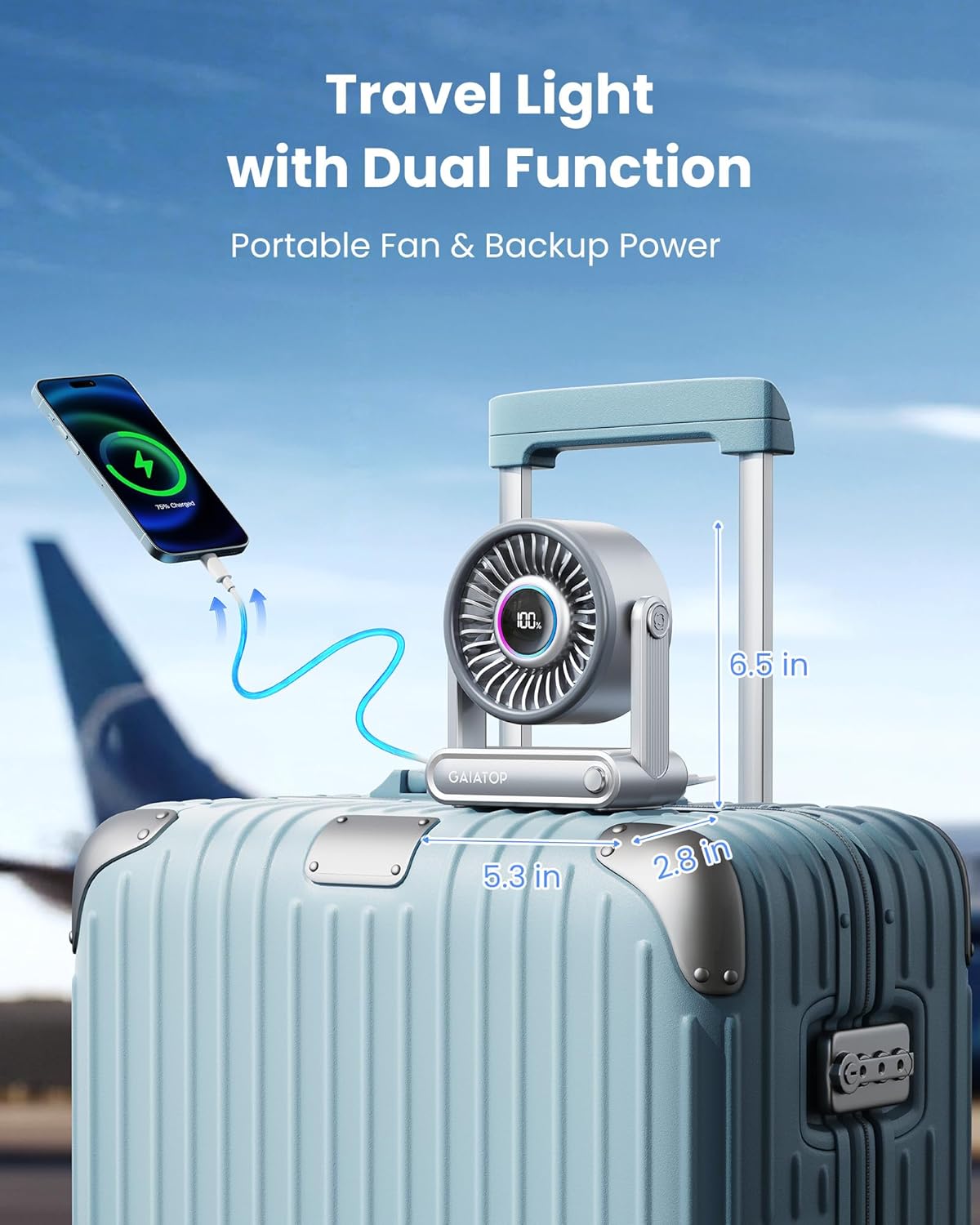 Thumbnail 2 de Gaiatop Rechargeable Desk Fan with Power Bank: 6000mAh, 18H Runtime, 5-Speed Quiet Cooling