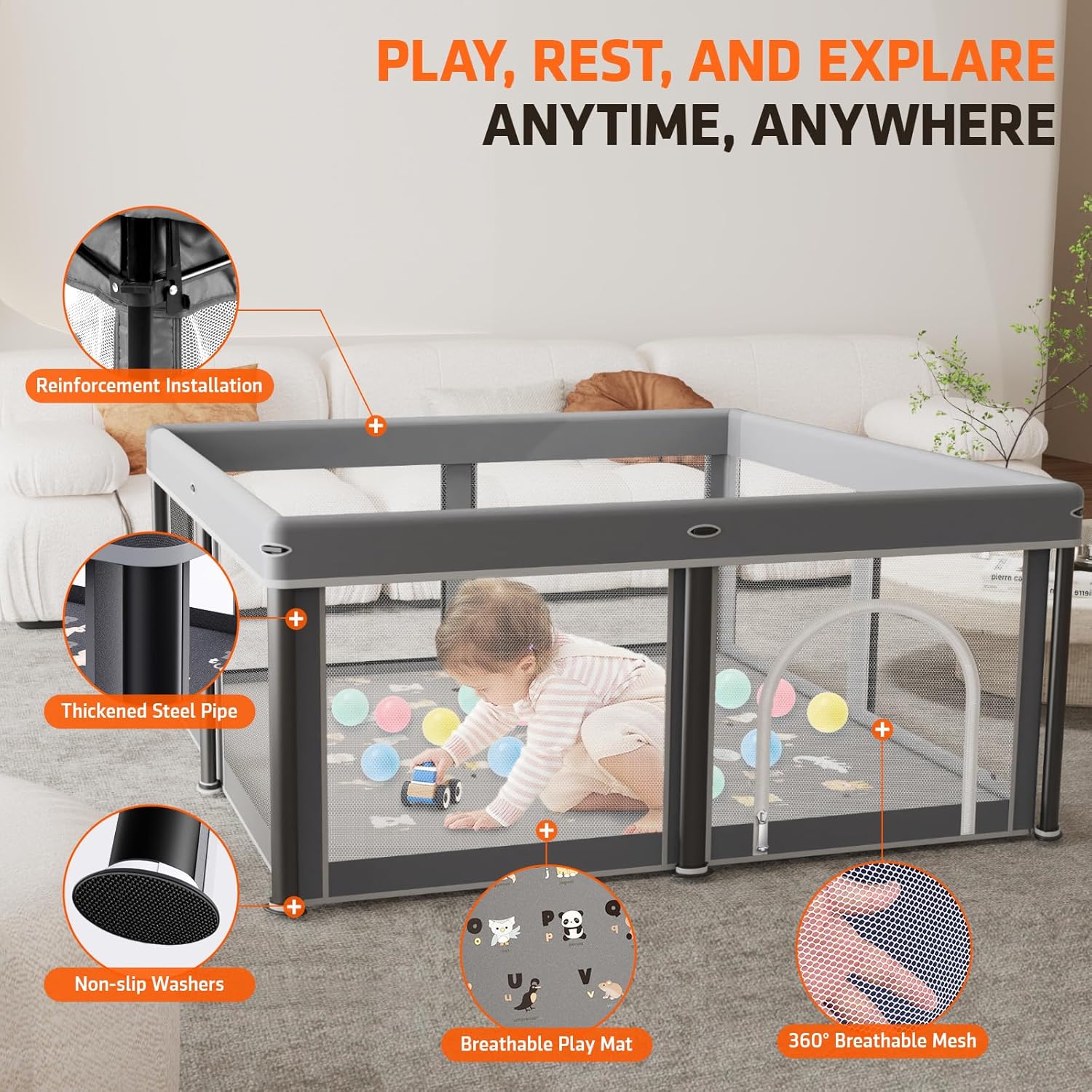 Thumbnail 5 de SPRX 50" x 50" Foldable Baby Playpen with Mat, Travel Bag and 50 Ocean Balls