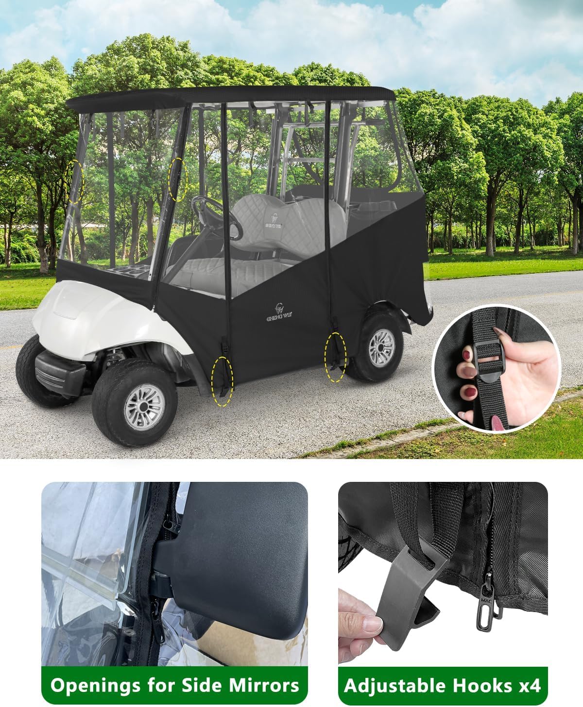 Detalle 2 de CHENGWEI Golf Cart Rain Cover 2 Passenger for Yamaha G29 Drive – 4-Sided Roll Up Enclosure