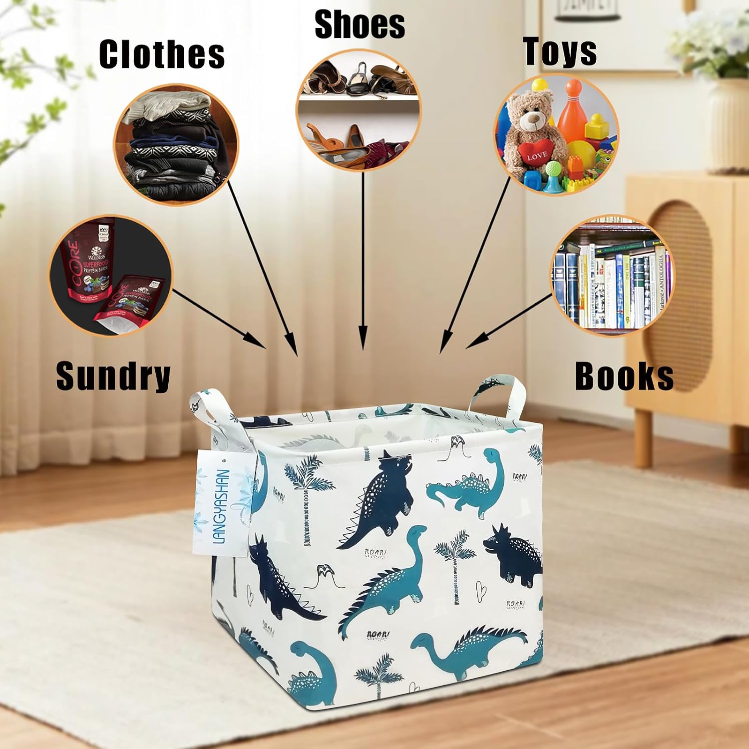 Detalle de LANGYASHAN Square Dinosaur Canvas Storage Basket, Foldable with Handles