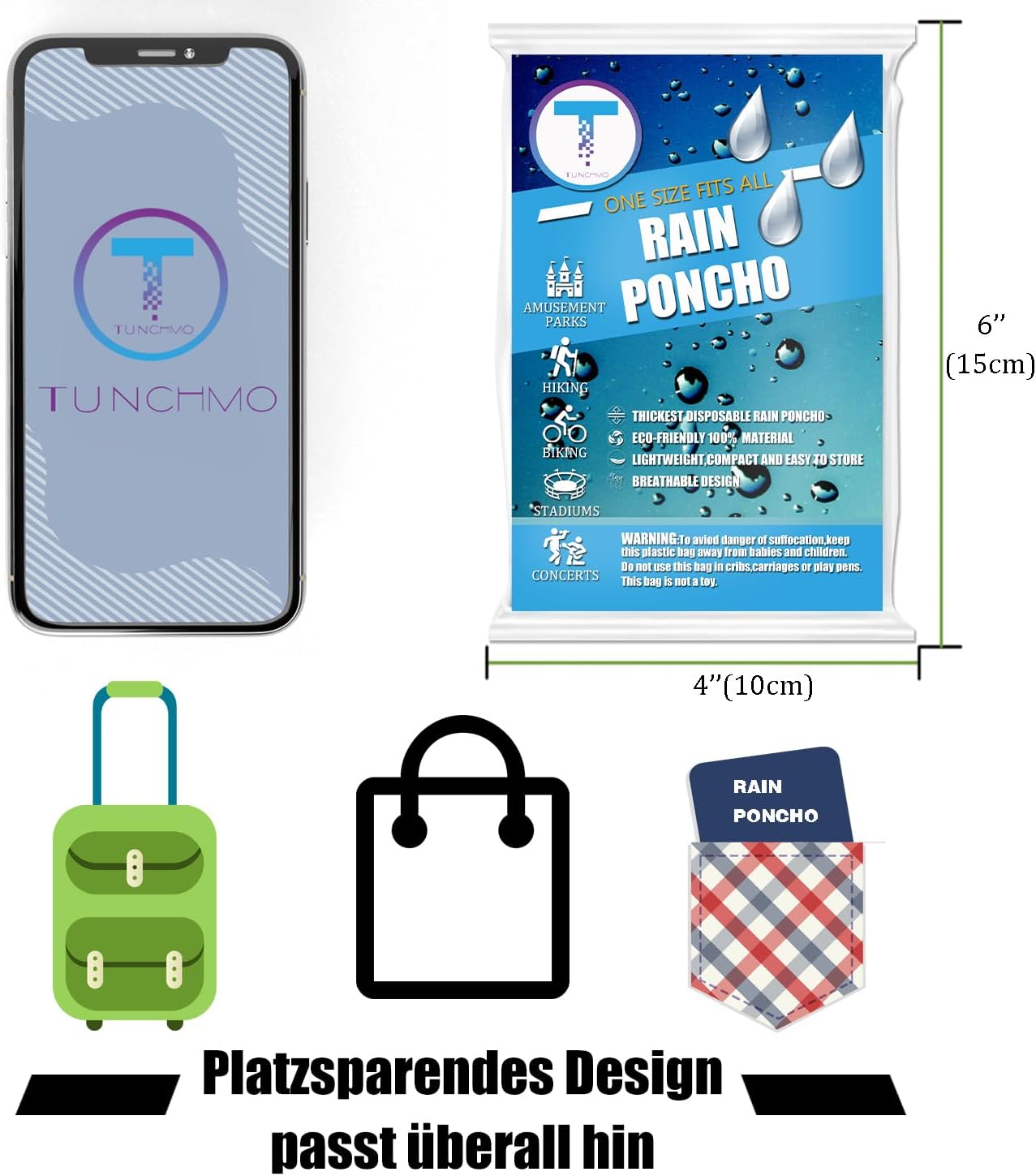 Detalle 2 de TUNCHMO 6 Stück Durchsichtige Regenponchos mit Kapuze – Notfall‑Regenschutz, 0,035 mm PE, transparent