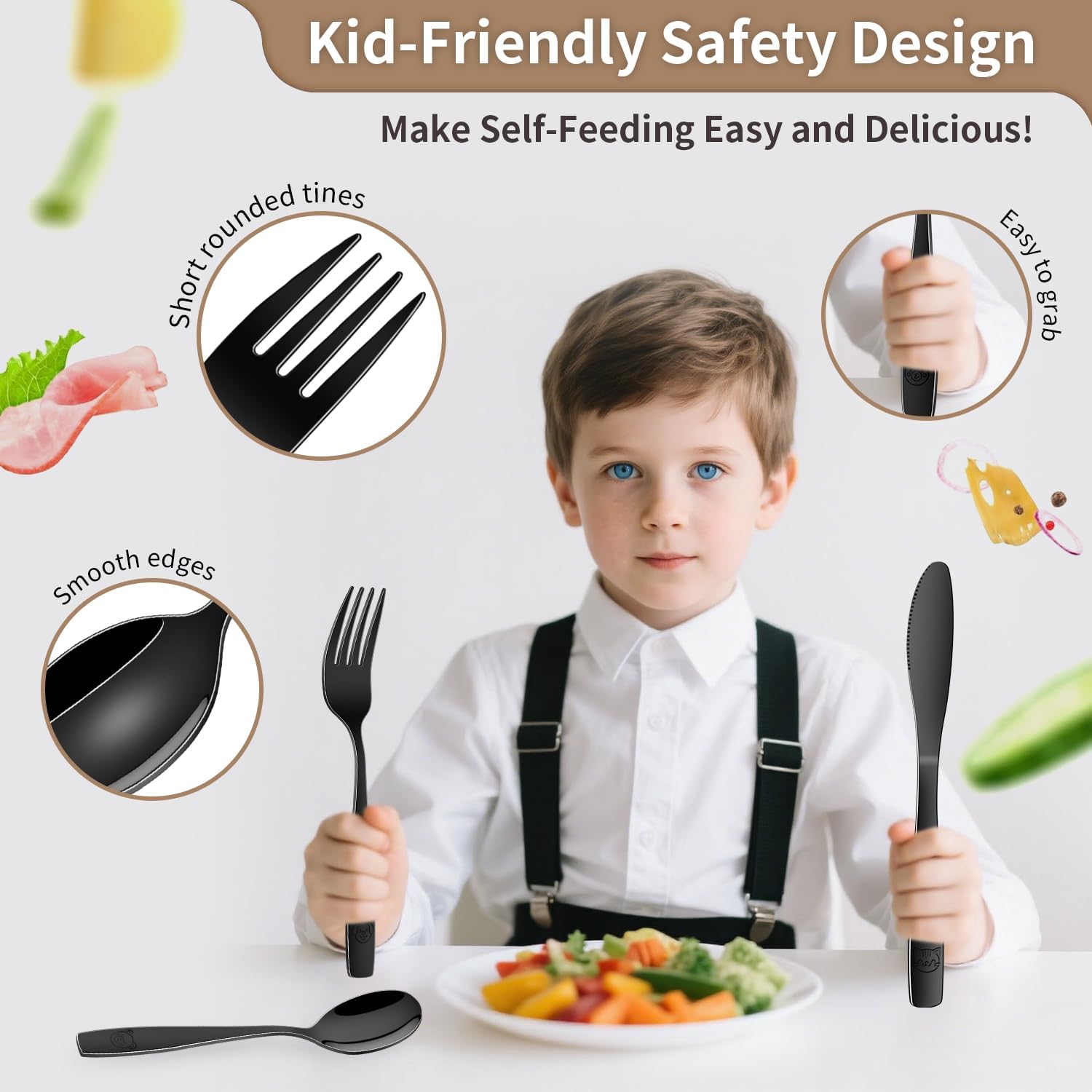 Detalle de Dehov Black Kids' Silverware Set, 12-Piece Stainless Steel, Dishwasher Safe