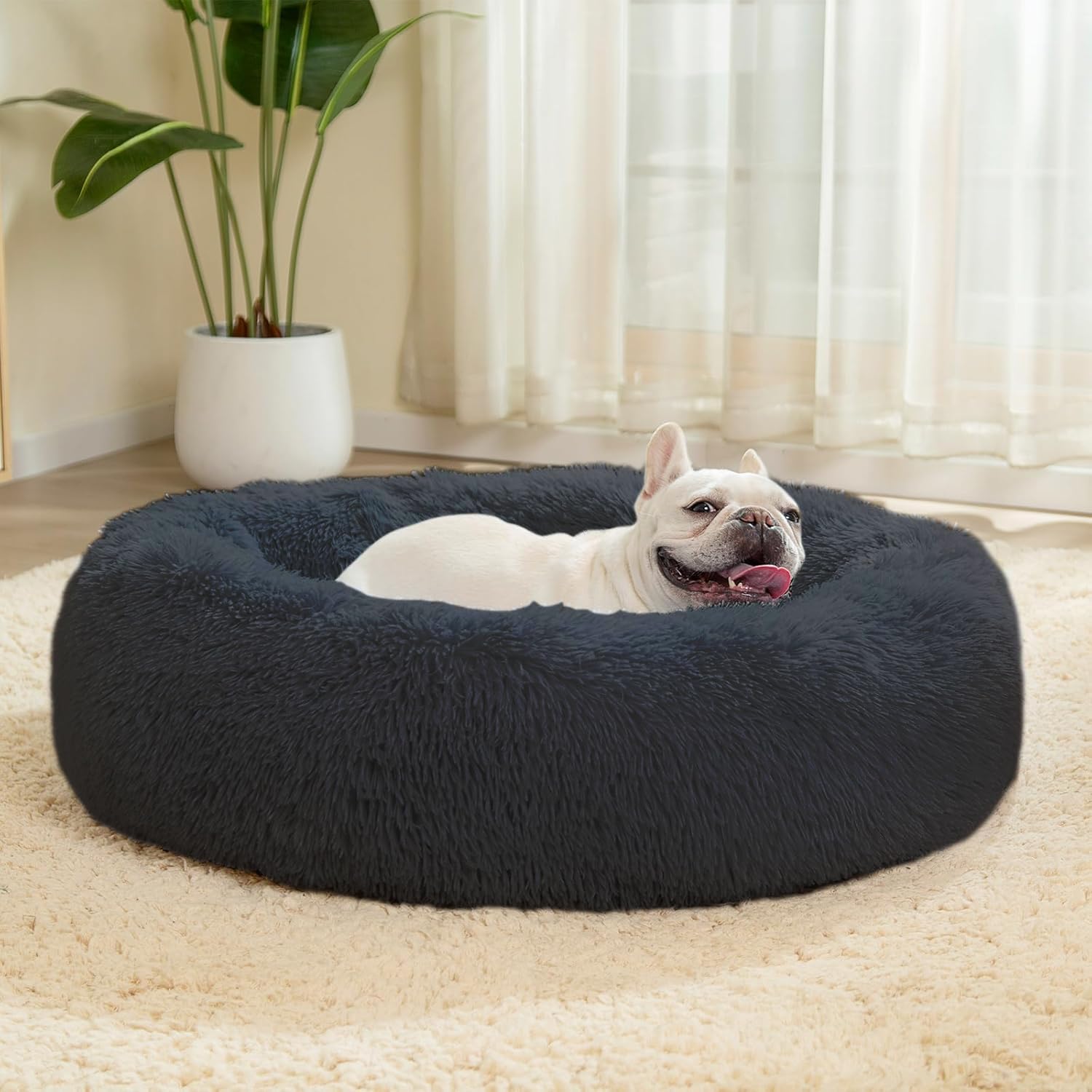 Thumbnail 6 de LUOJINYI cuccia morbida in felpa con bordo a ciambella, fondo antiscivolo e base rotonda (colore blu navy) – 70 cm