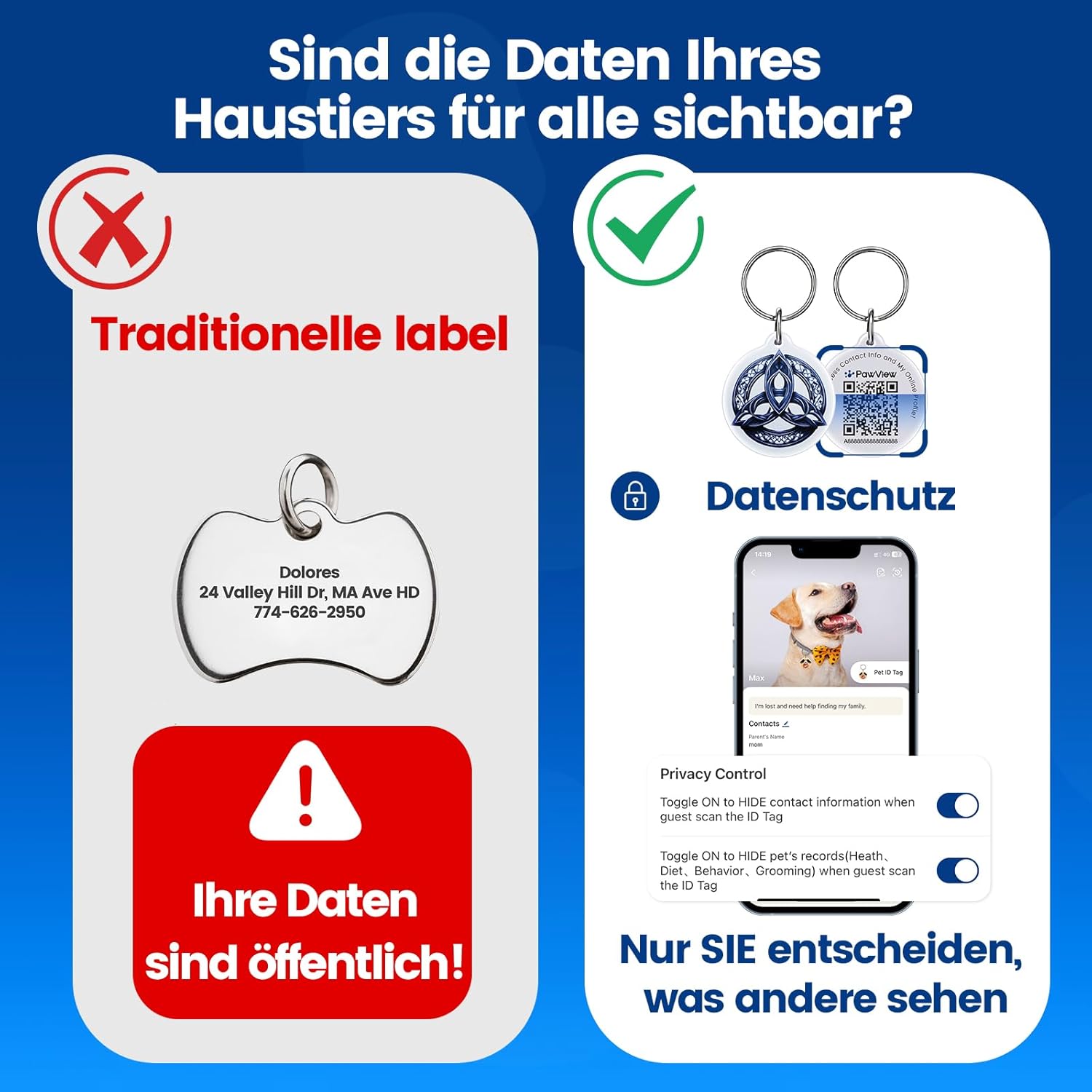 Detalle de PawView 2er-Set Hundemarke mit QR-Code – personalisiertes Notfallprofil, wasserdicht & Verlustschutz