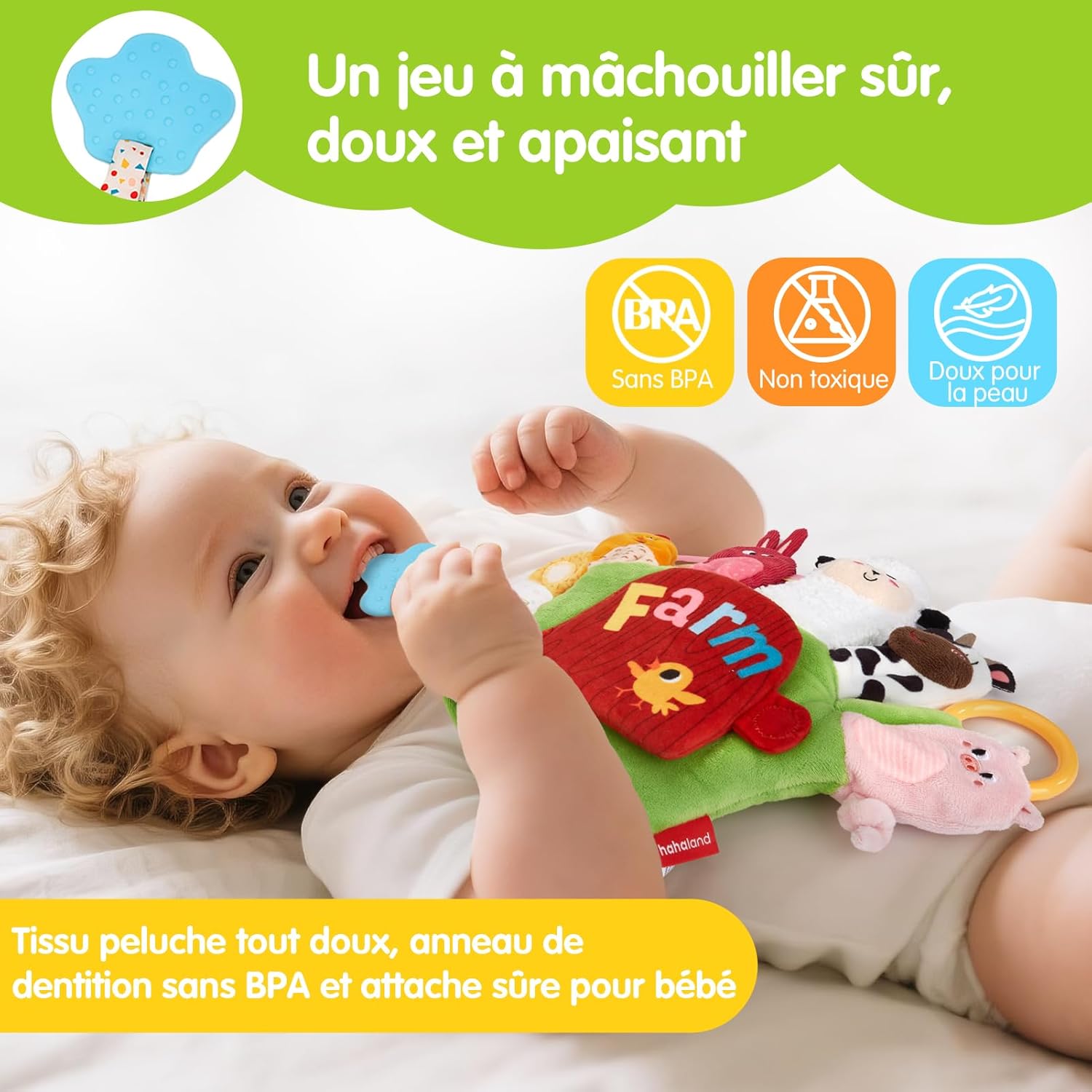 Detalle de hahaland Jouet bébé 6-12 mois : marionnettes d’animaux de la ferme avec anneau de dentition et papier froissé