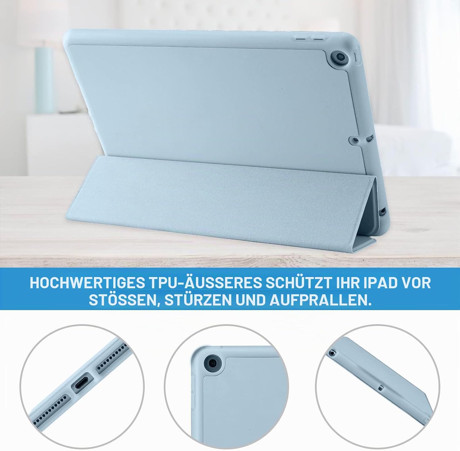 Detalle de Hülle für iPad 9. Generation (10,2 Zoll) mit Stifthalter, Sleep/Wake und Dreifach-Stand – Hell Blau