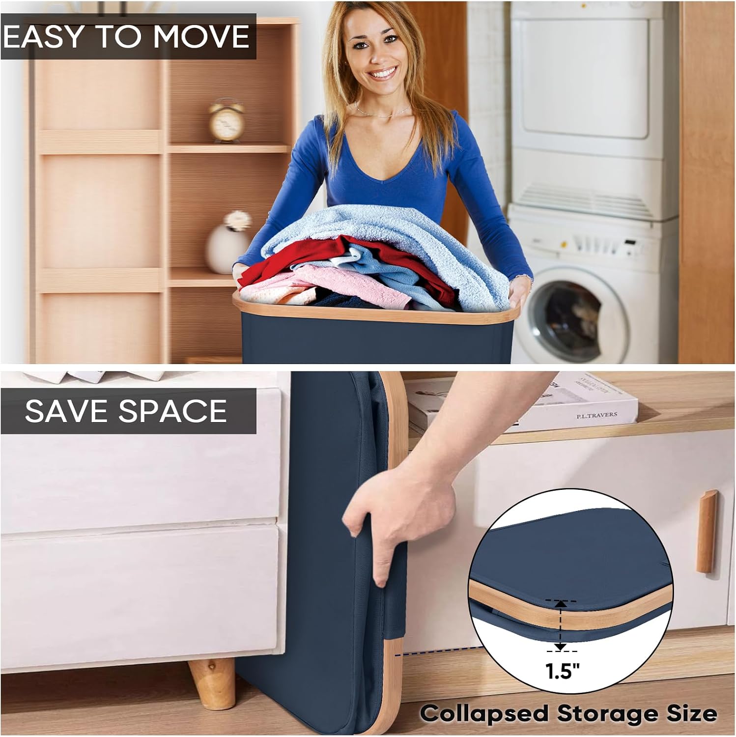 Detalle 2 de BALEINE 100L Laundry Hamper with Lid, Blue, Pull Handles and Upright Frame