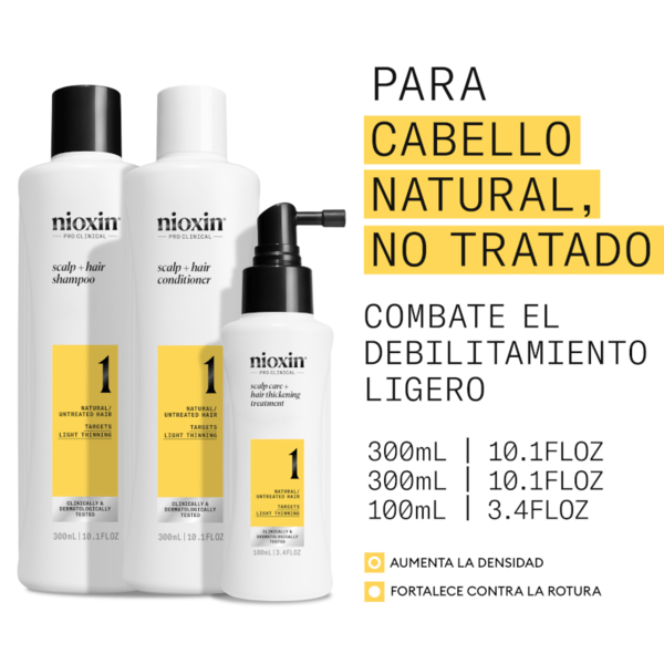 Thumbnail 1 de Nioxin Sistema 1: Champú 300 ml + Acondicionador 300 ml + Tratamiento 100 ml para debilitamiento leve del cabello natural