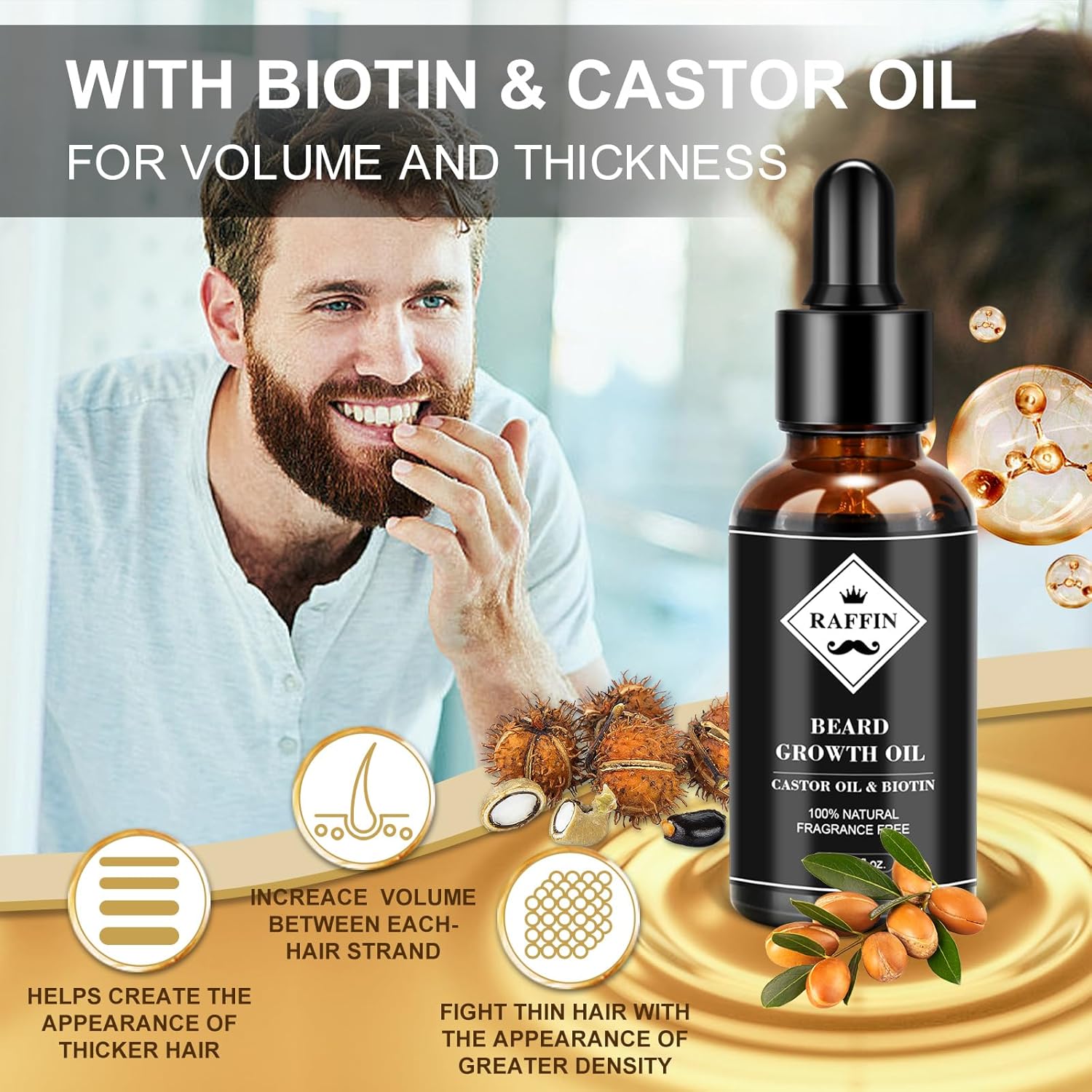 Detalle de RAFFIN Beard Growth Kit with 2oz Beard Growth Oil, 3X Biotin & Castor Oil + Premium Beard Massager