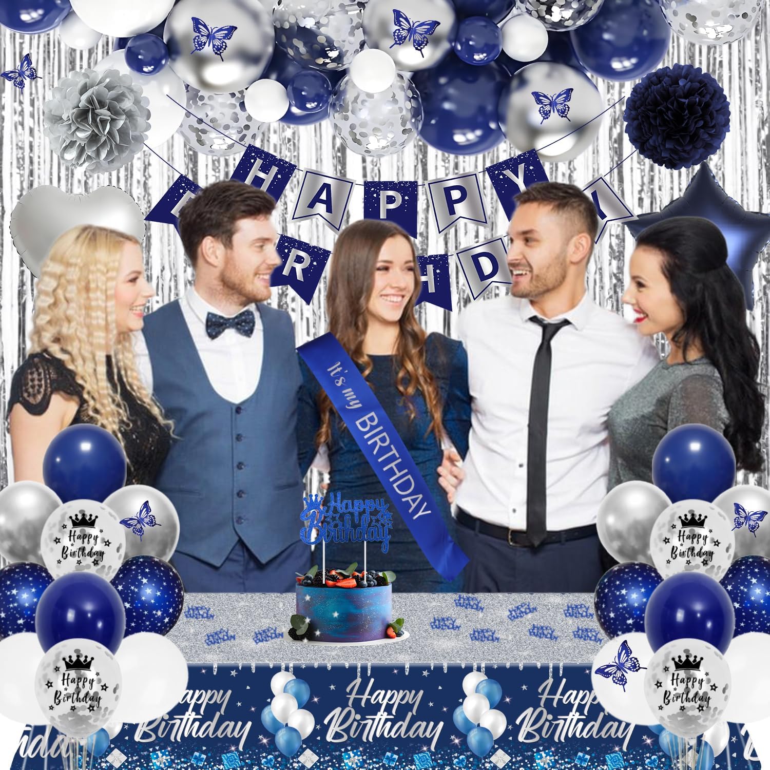 Detalle de Geburtstagsdeko Blau Silber – Komplettset für Marine-Blau-Silbernen Geburtstag