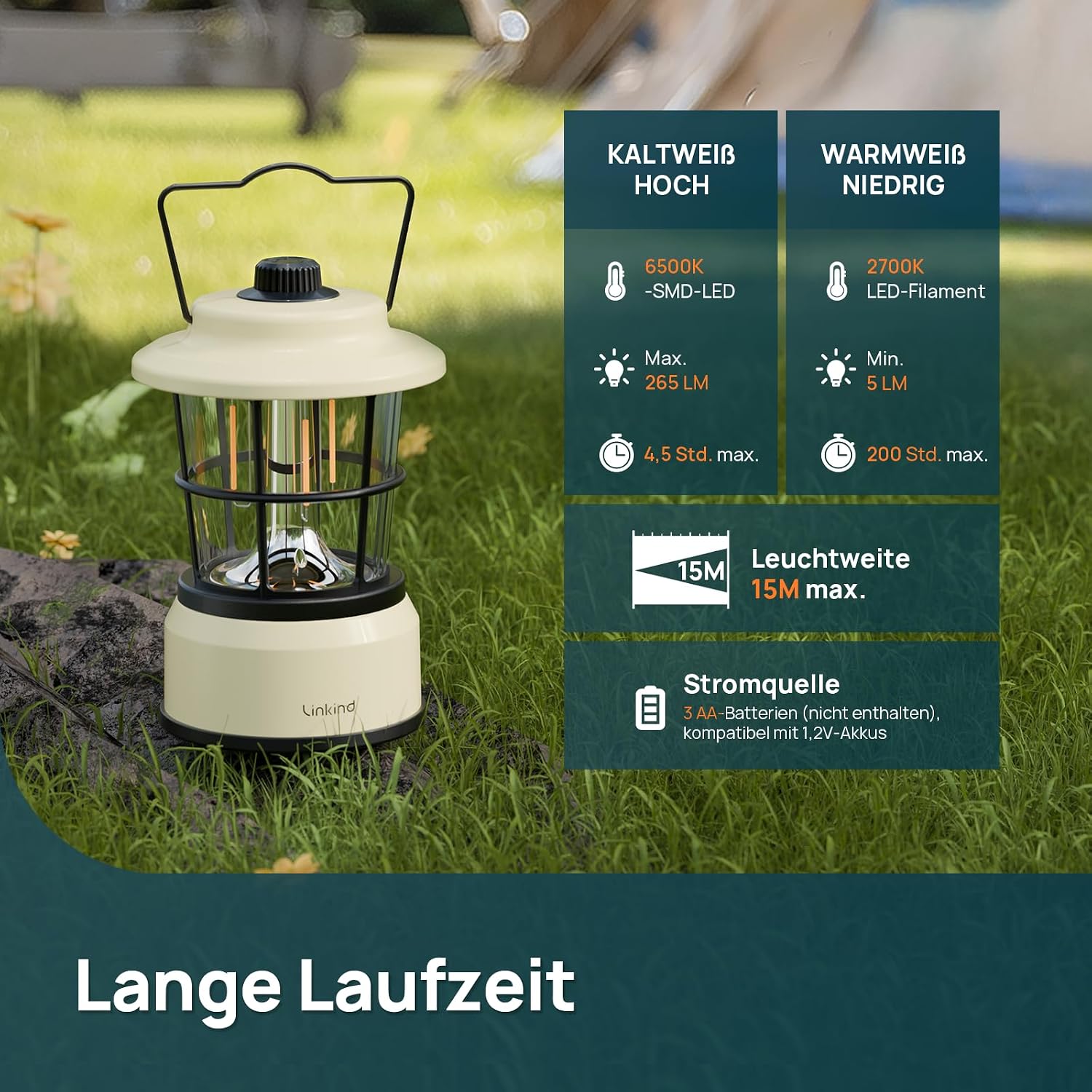 Detalle de Linkind CL1 LED Campinglampe dimmbar – 2er-Set, Vintage-Design, IP44, 200 Std. Warmlicht