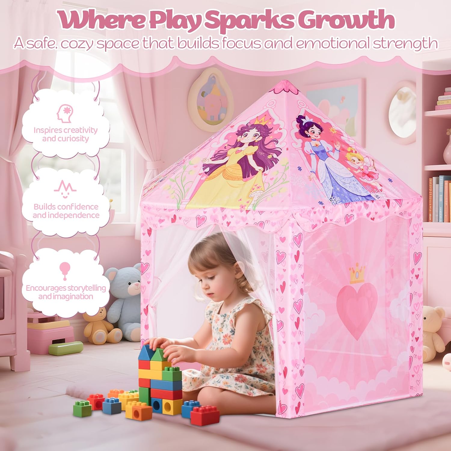 Thumbnail 3 de Hamdol Hexagon Princess Play Tent, Pink Castle Playhouse with Carrying Bag