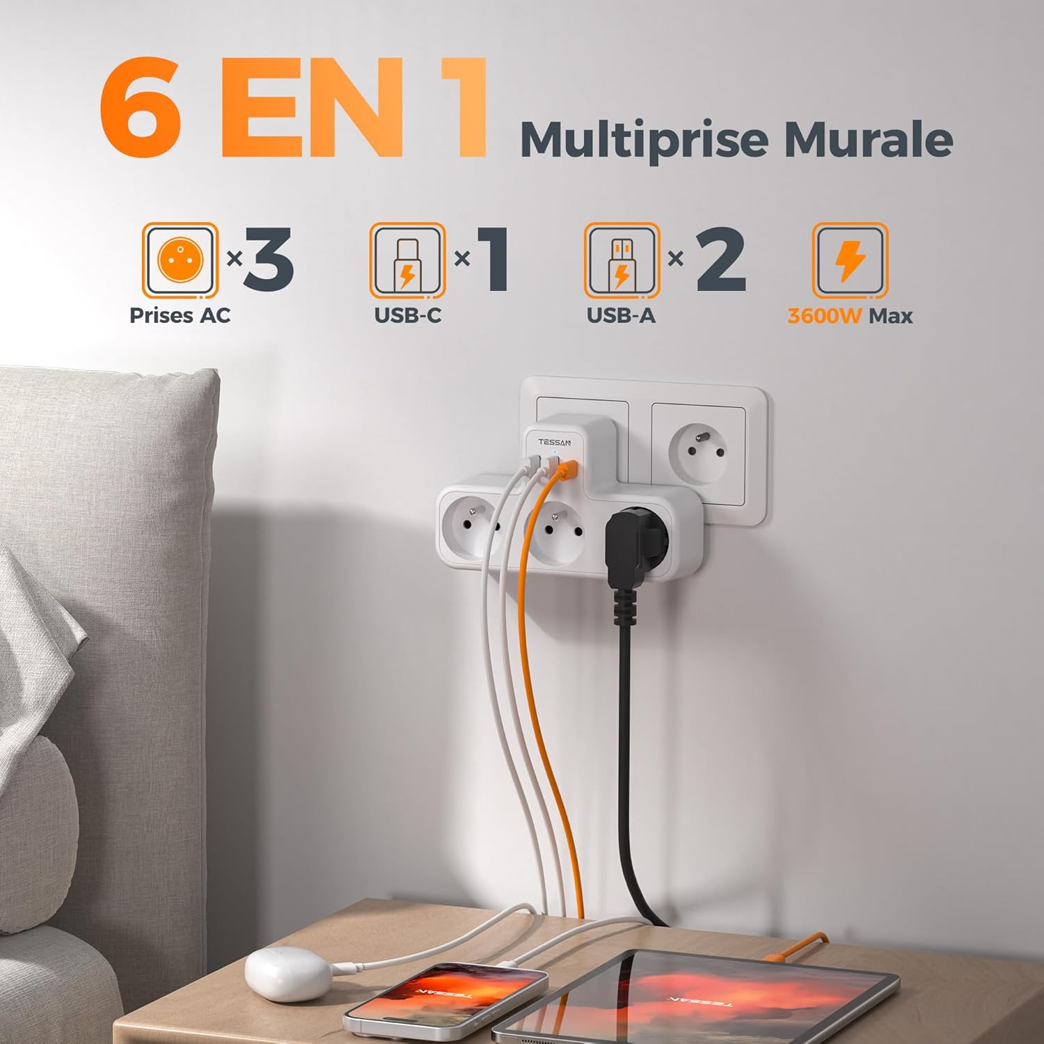 Detalle de TESSAN 6 en 1 Multiprise Murale USB-C, 3 Prises AC et 3 Ports USB – 3600W, design en T
