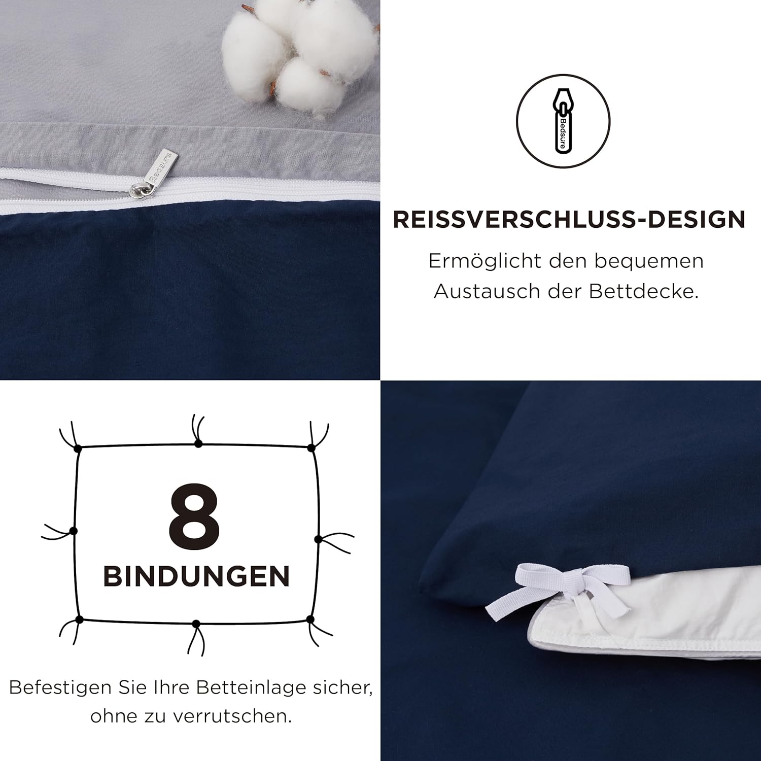 Thumbnail 4 de BEDSURE Bettwäsche 220x240 Blau Grau – 100% Baumwolle, Reversibel, 3-teilig (2 Kissenbezüge 80x80) mit Reißverschluss