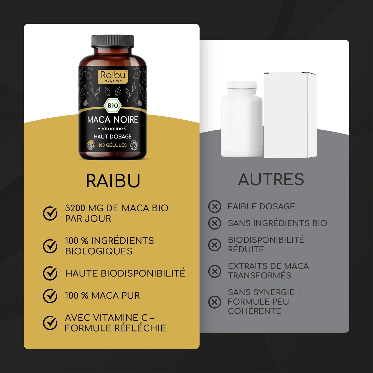 Detalle de Maca Noire BIO du Pérou – Haute concentration 12 800 mg par jour, 180 gélules