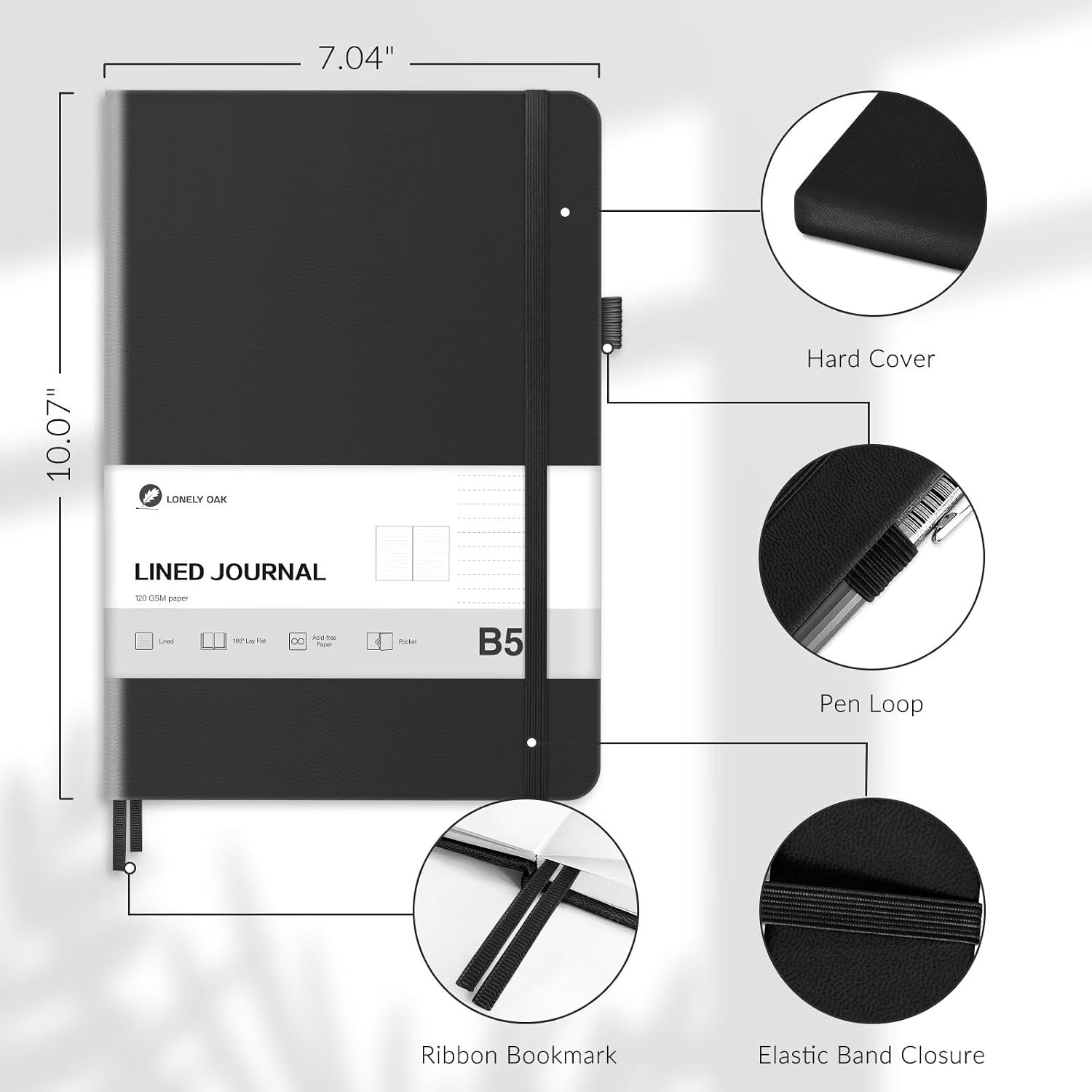 Thumbnail 6 de Lonely Oak Notizbuch B5 liniert Hardcover (19,3 x 25,4 cm) mit Gummiband & Innentasche