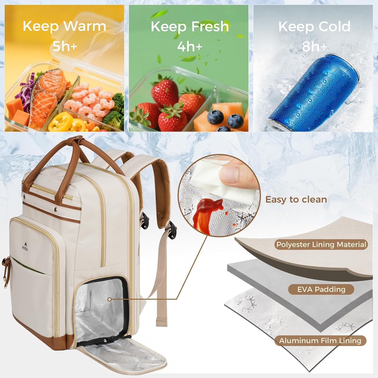 Detalle de MATEIN Laptop-Rucksack Damen 15,6 Zoll (2-in-1) mit abnehmbarem Kühlfach, USB-Ladeanschluss und A5-Dokumentenmappe – Beige
