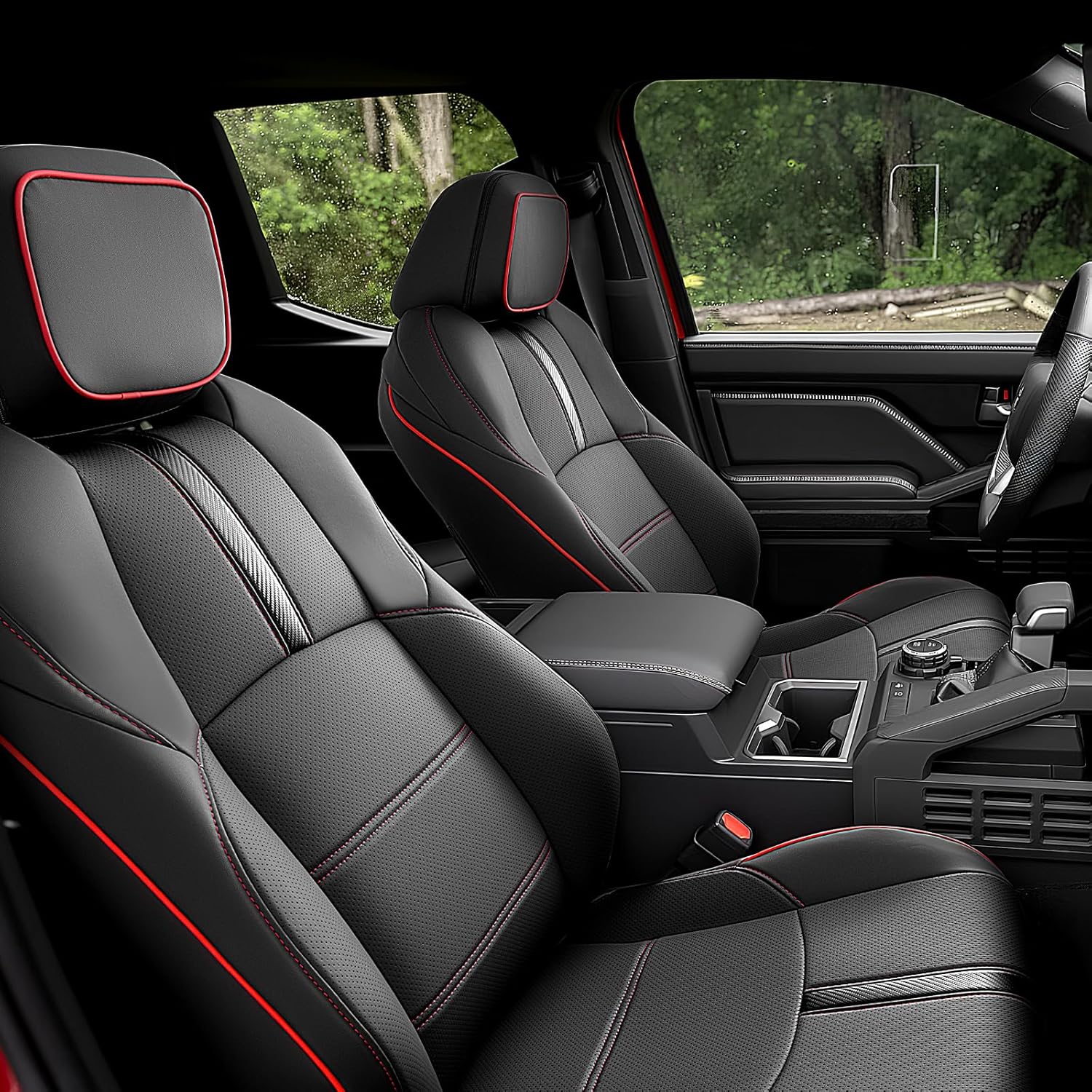 Detalle de DiffCar for Toyota Tacoma Seat Covers (2024–2026, Gas Only) – Full Faux Nappa Leather Set in Black/Red