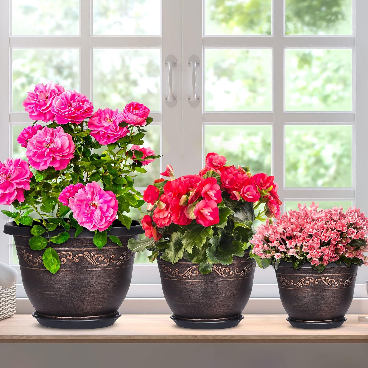 Detalle de Pottiffe 25cm Plastic Plant Flower Planters (3-pack) with Drainage Hole & Saucer
