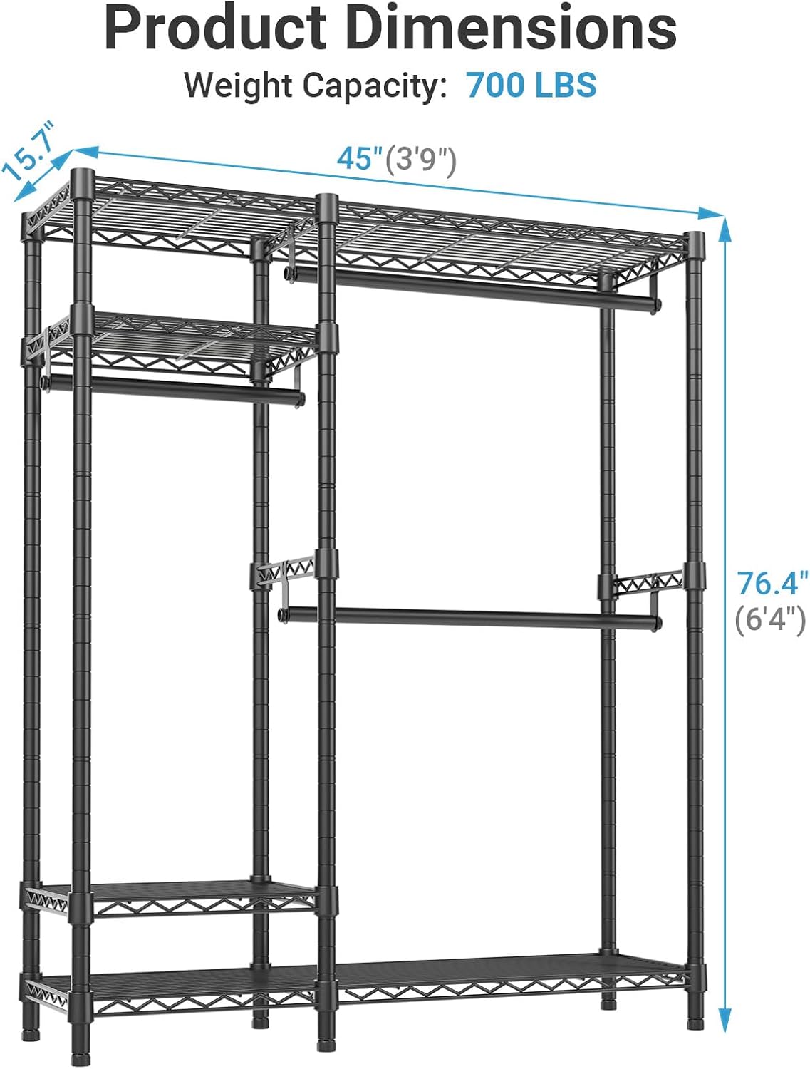Detalle de VIPEK V2S Garment Rack with 4 Adjustable Shelves and 3 Hanging Rods