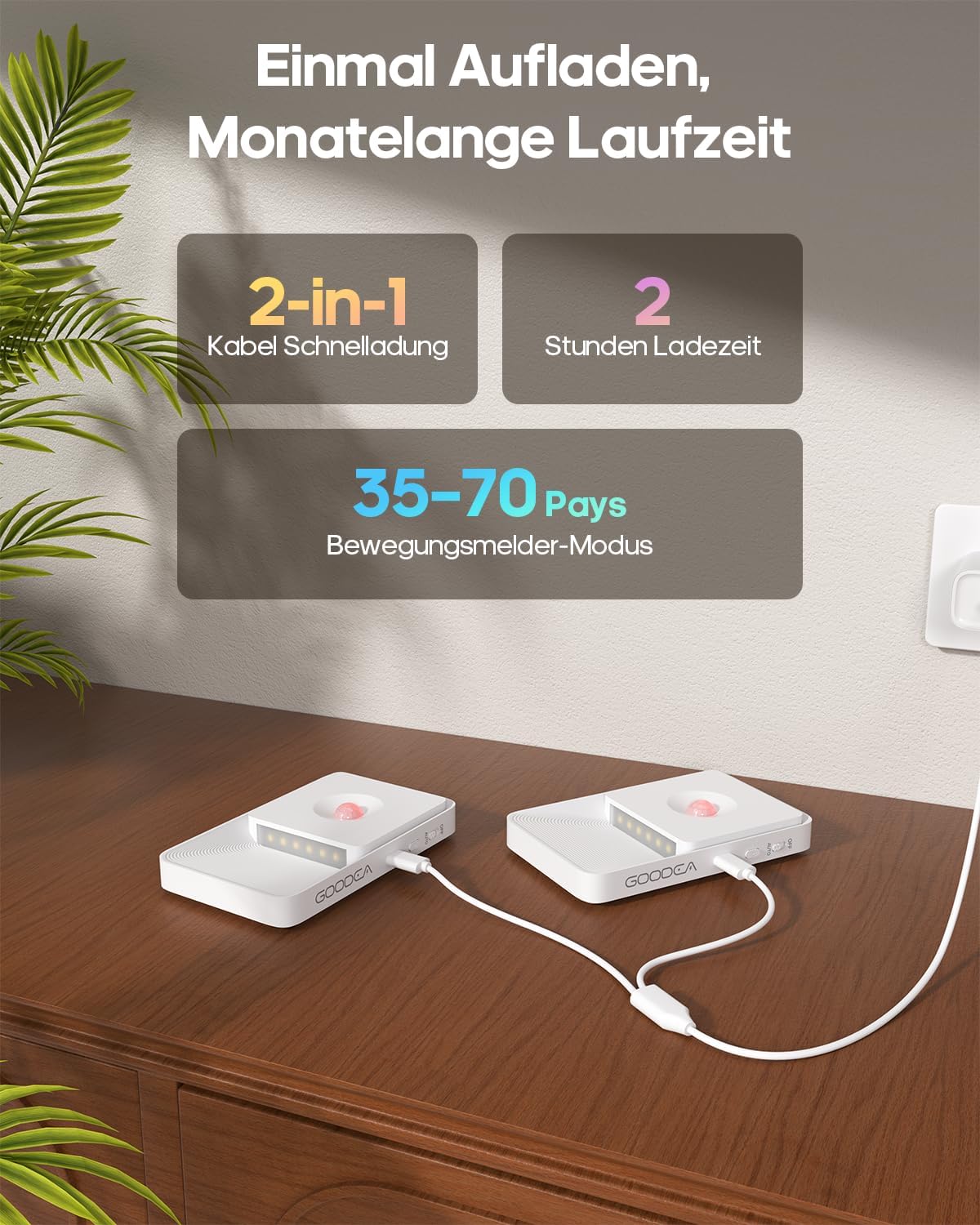 Detalle de GOODEA Nachtlicht mit Bewegungsmelder 8 Stück – USB-C Aufladbar, 3000K, dimmbar, magnetisch, ohne Steckdose