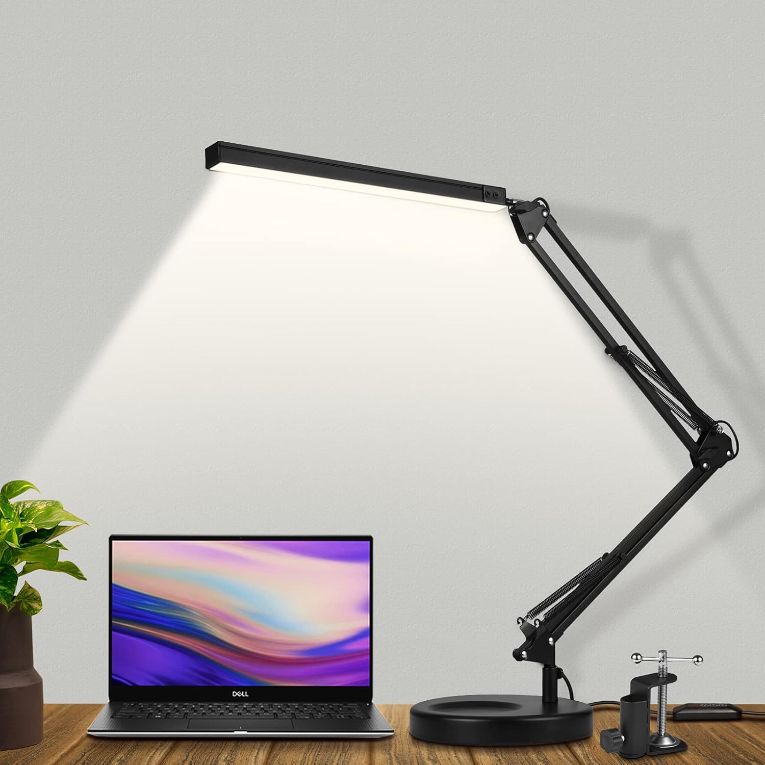Detalle de SKYLEO LED Schreibtischlampe mit Clip und Sockel – Augenschutz, 3 Lichtmodi, 10 Stufen Helligkeit, USB 5V/2A, Schwarz