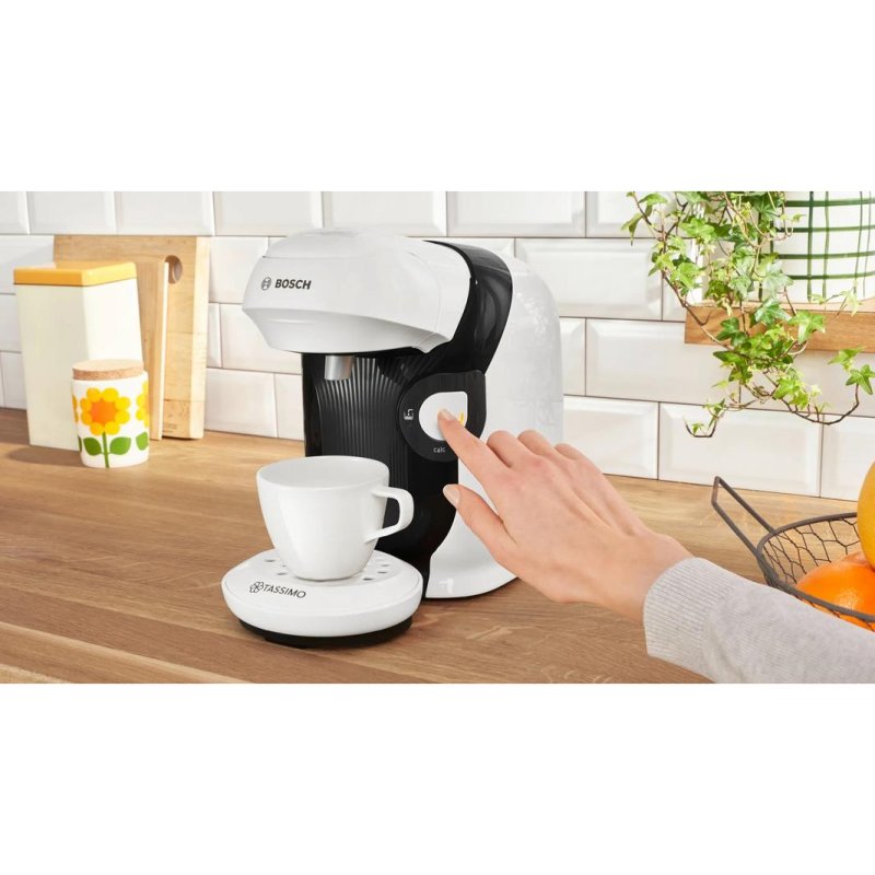 Detalle de Bosch TAS114E: cafetera de cápsulas blanca 0,7 L, 1400 W, intensidad ajustable