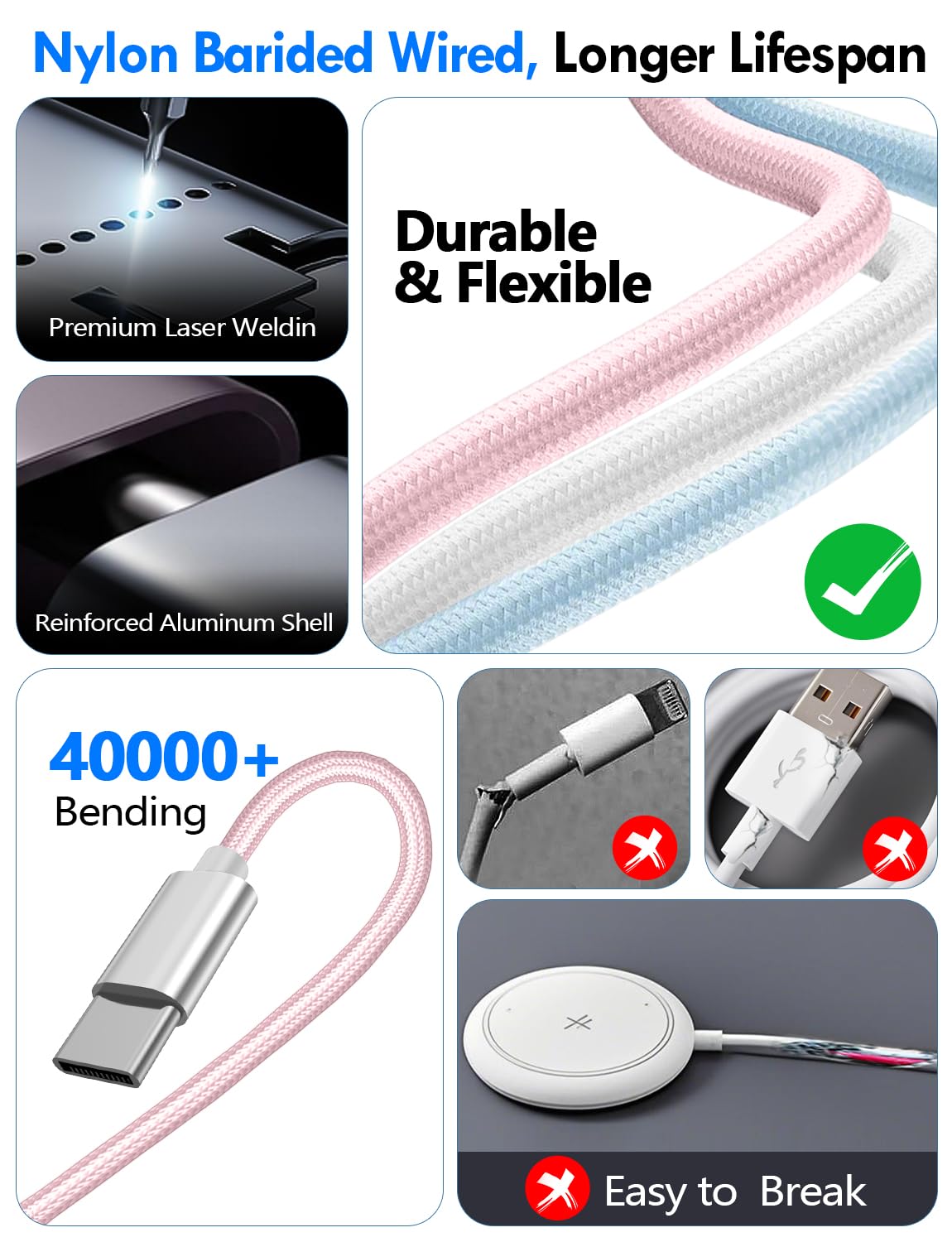 Detalle de xiwxi 3in2-Pink001 3-in-2 Charging Cable, 5 ft Braided, Pink