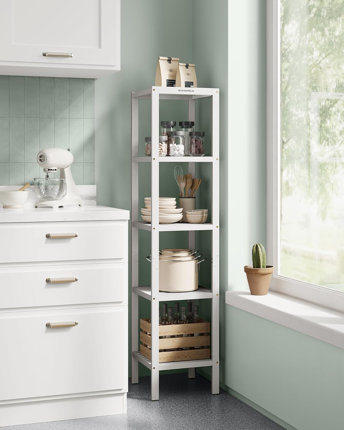 Thumbnail 1 de SONGMICS Scaffale da bagno in bambù bianco nuvola BCB055W01, stretto ad angolo con 5 ripiani