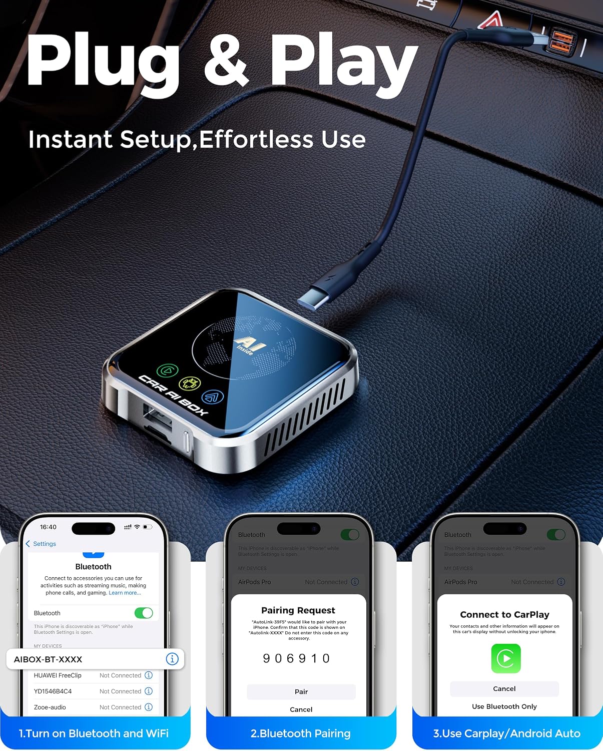 Detalle de Magic AI Box Wireless CarPlay Adapter: Plug-&-Play 4-in-1 Wireless Upgrade