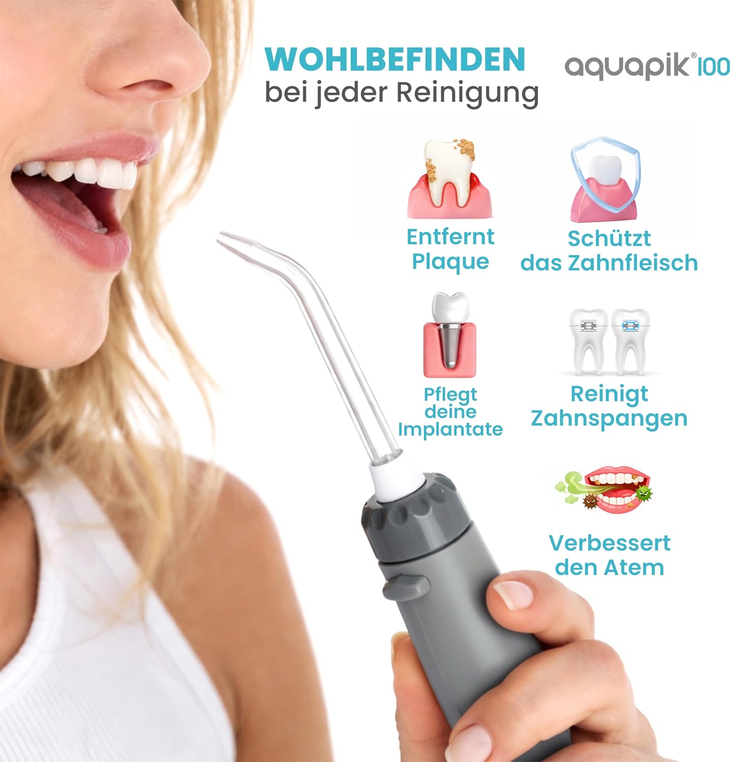 Detalle 2 de Aquapik 100 professionelle Munddusche mit 600-ml-Wassertank, 10 Druckstufen und 8 Aufsätzen, Grau