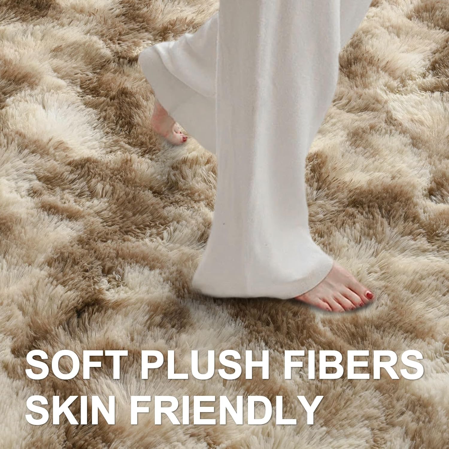 Thumbnail 3 de 5x7 Ft Large Shag Rug in Khaki — Ultra-Soft Tie-Dyed Plush for Bedroom & Living Room
