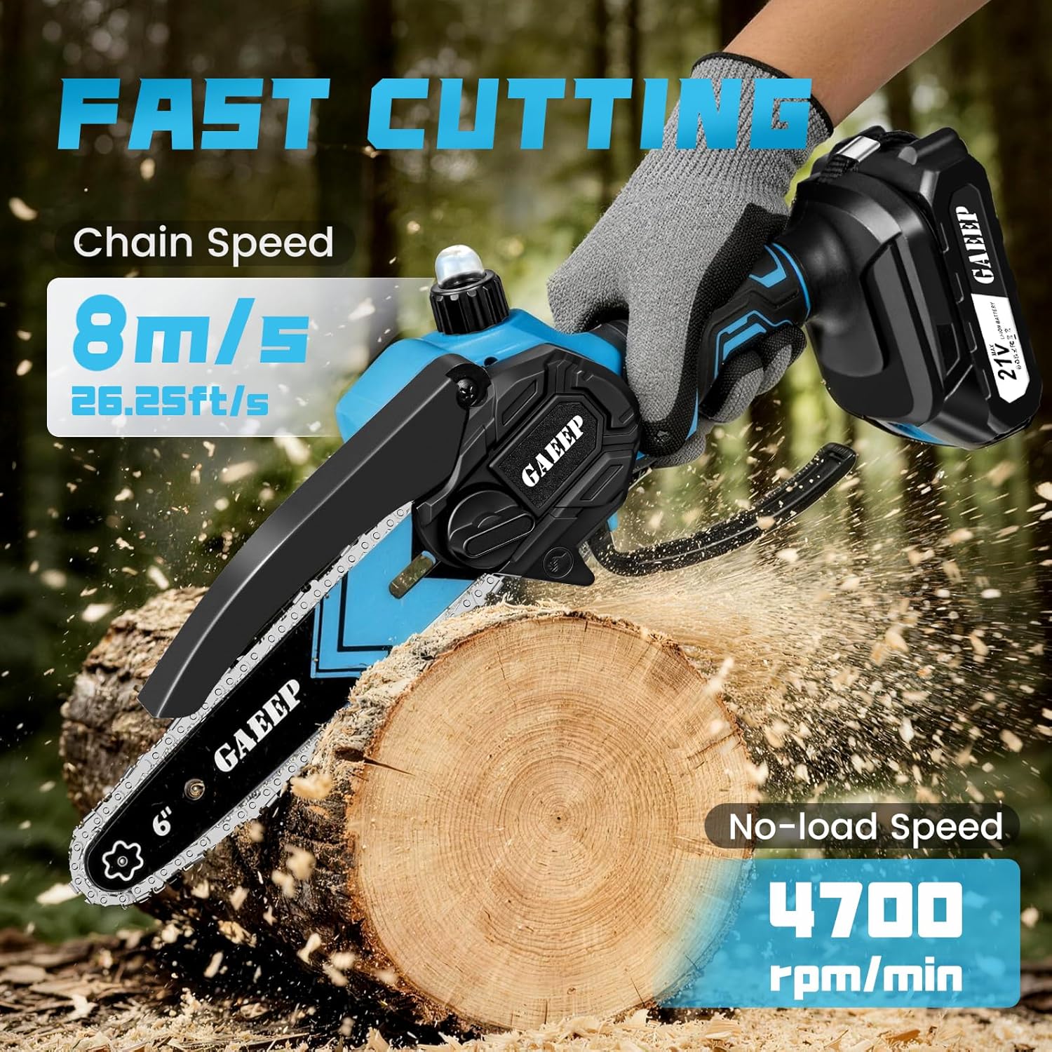 Detalle 2 de GAEEP Mini Cordless Chainsaw 6 Inch with 2x3000mAh Batteries & Charger (800W)