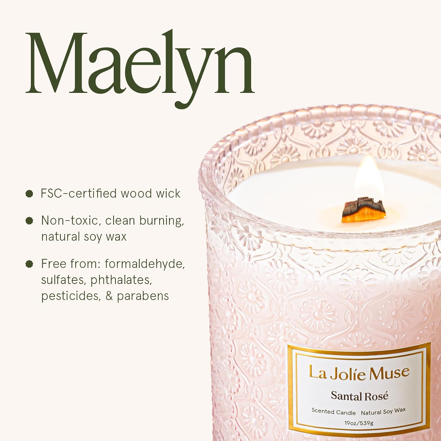 Detalle 2 de LA JOLIE MUSE Rose Noir & Oud Scented Candle – 19 oz Large Wooden Wick, Soy Wax, 90 Hours