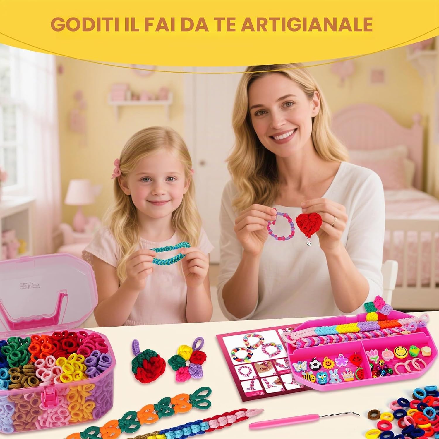 Detalle 2 de FunzBo Kit Braccialetti Fai da Te con 1000 Elastici in Cotone Morbido – Set Creativo per Bambine 6-12 Anni