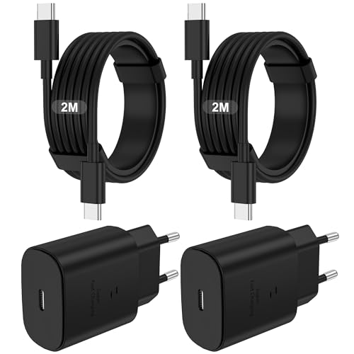 Detalle de BSTOEM Caricabatterie USB-C da 25 W (2 pezzi) + 2 cavi USB-C da 2 m per Samsung Galaxy