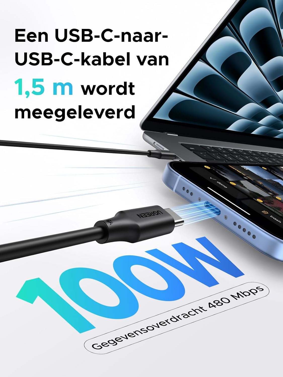 Thumbnail 6 de UGREEN 45W USB-C-oplader met PPS en GaN, inclusief kabel van 1,5 m