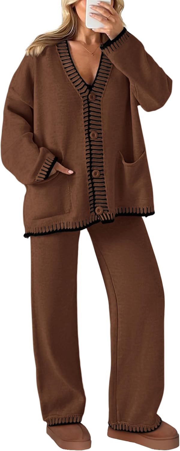 Detalle de PRETTYGARDEN Women’s Lounge Set (2-Piece) Cardigan & Wide-Leg Pants