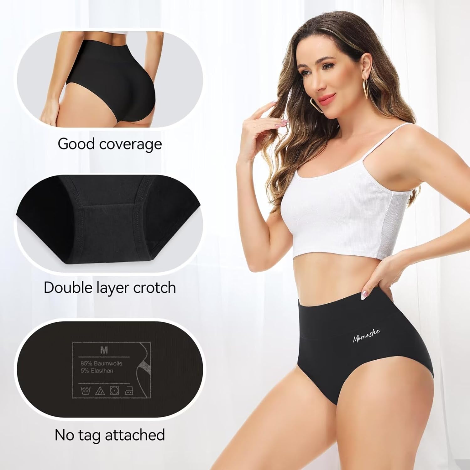 Detalle de Momoshe Damen Unterhosen im 5er Pack aus Baumwolle – High Waist, Stretch & atmungsaktiv