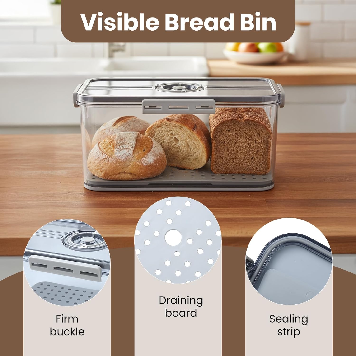Thumbnail 2 de Otopone Grey Bread Bin for Kitchen with Adjustable Air Valve and Time Recording Lid