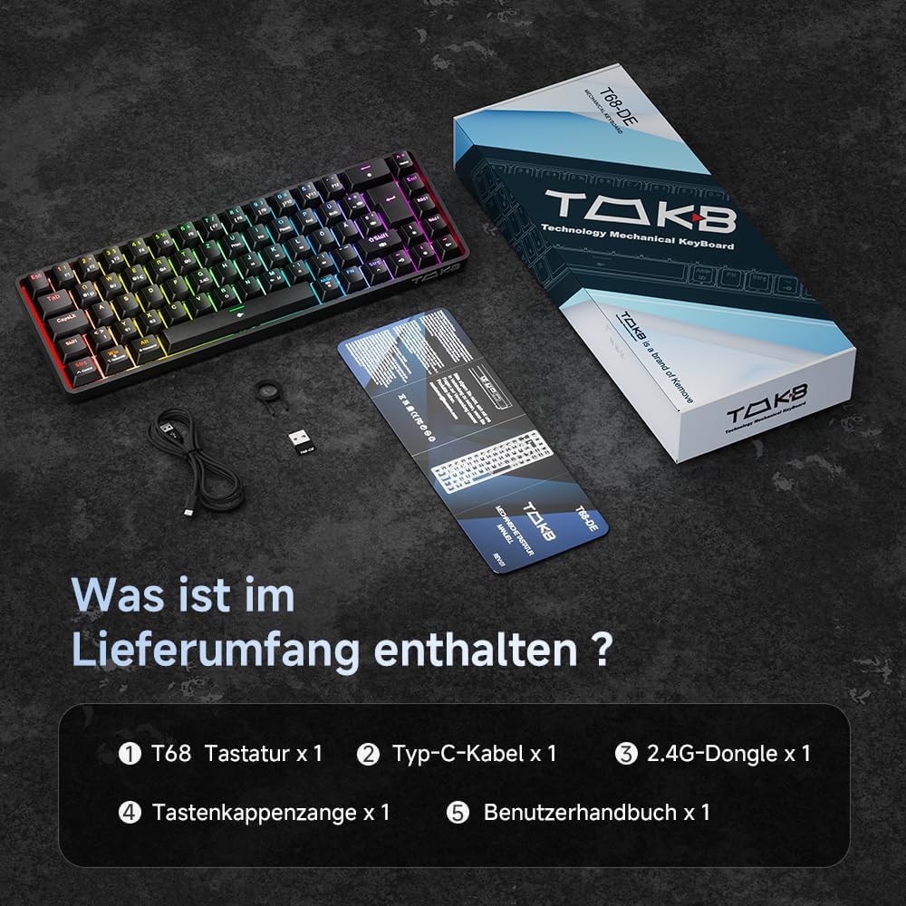 Thumbnail 6 de TMKB T68 Gaming-Tastatur (68 Tasten) – kabellos via Bluetooth/2.4G, mechanische Blue Clicky Switch, QWERTZ
