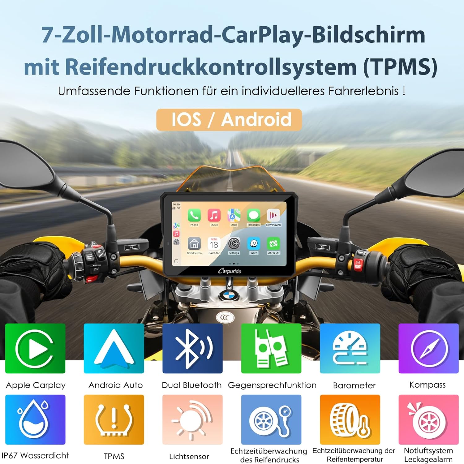 Thumbnail 1 de Carpuride W702T Pro Motorrad CarPlay/Android Auto Bildschirm mit TPMS