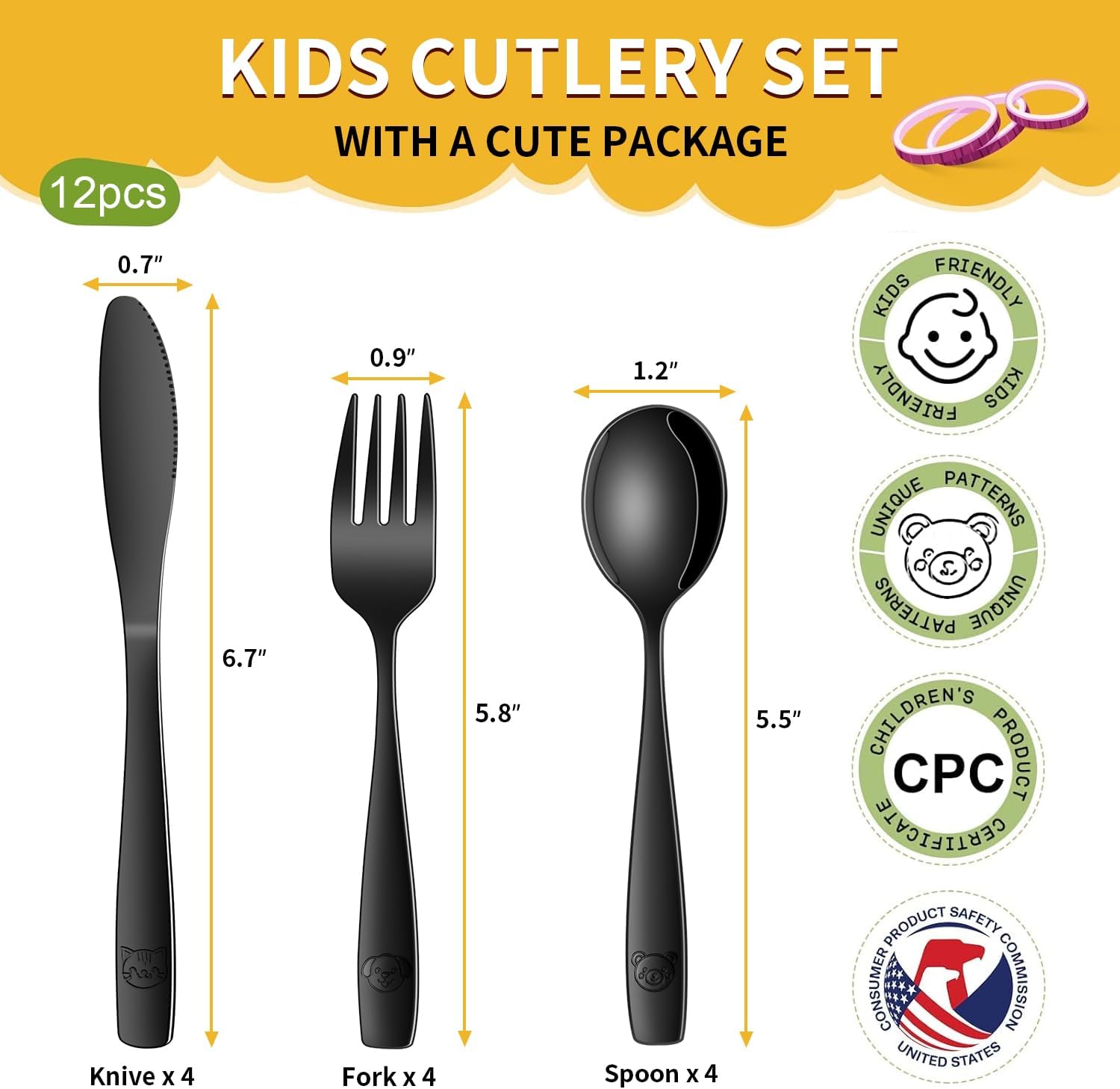 Detalle 2 de Dehov Black Kids' Silverware Set, 12-Piece Stainless Steel, Dishwasher Safe