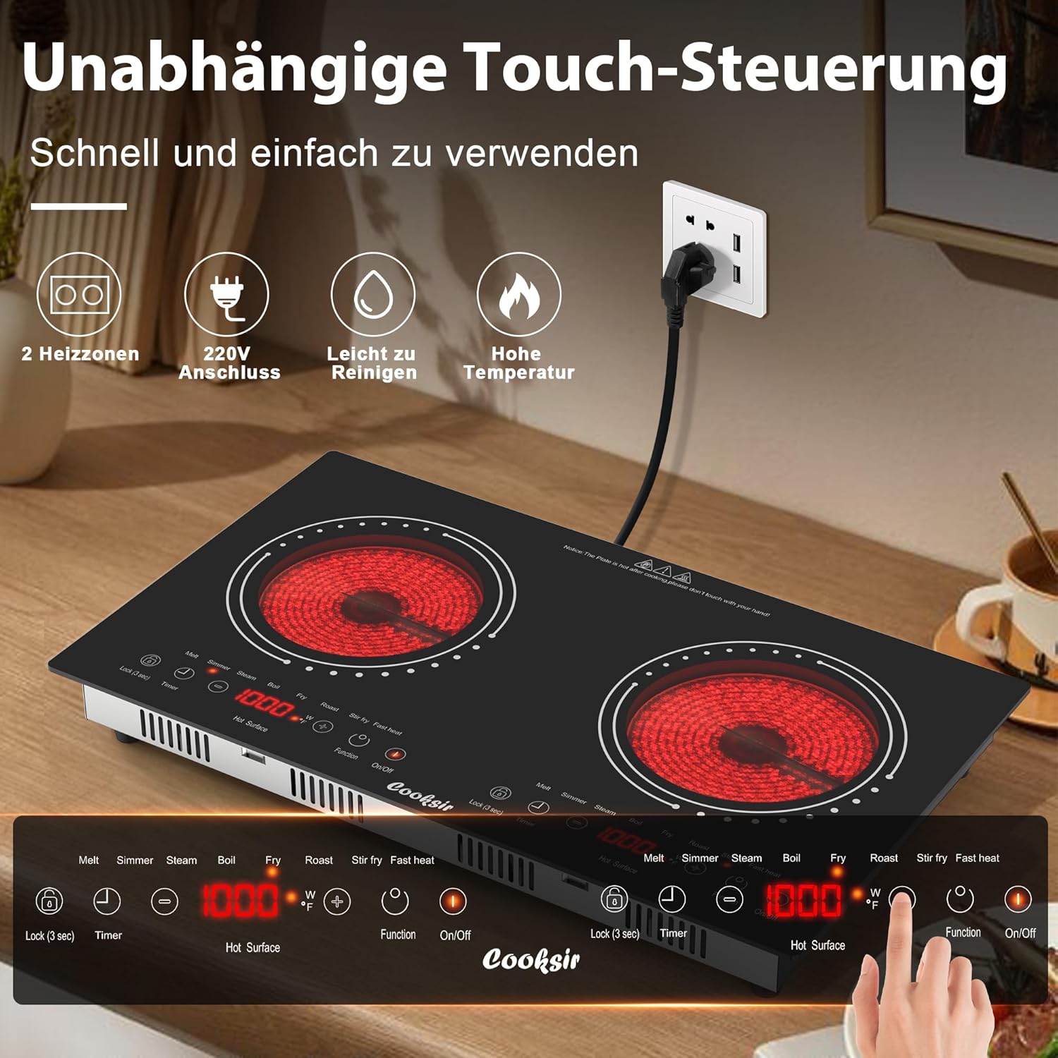 Thumbnail 2 de Cooksir Glaskeramikkochfeld 2 Platten – flexibel einsetzbar, 3600W, Netzstecker, 230V