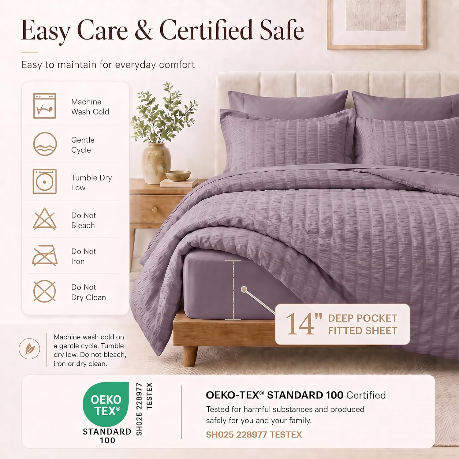 Detalle de CozyLux Oversized King Comforter Set in Dusty Purple Seersucker (7-Piece Bed-in-a-Bag)