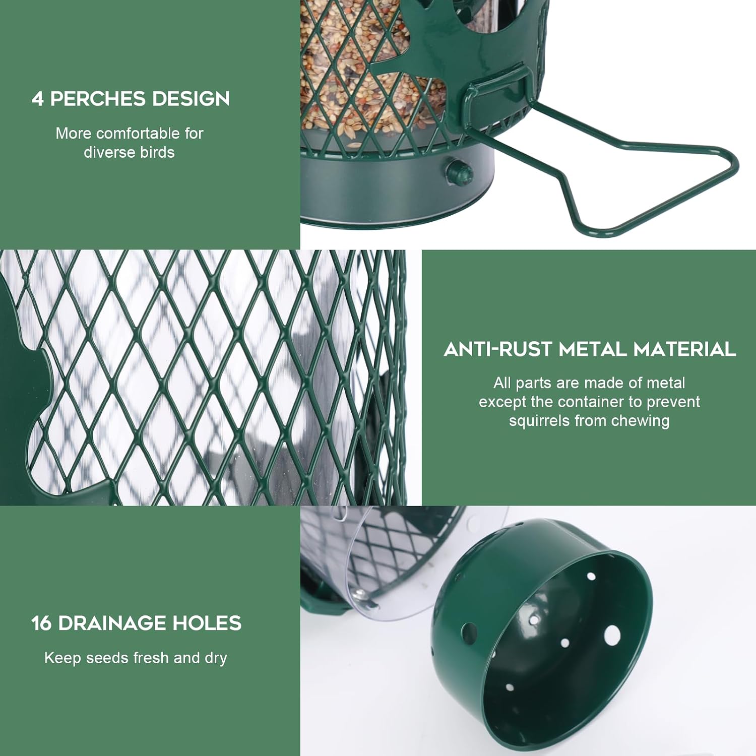 Detalle 2 de Gbekery LY-YXSY-13IN-1 Metal Hanging Bird Feeder, 4 Ports, Green